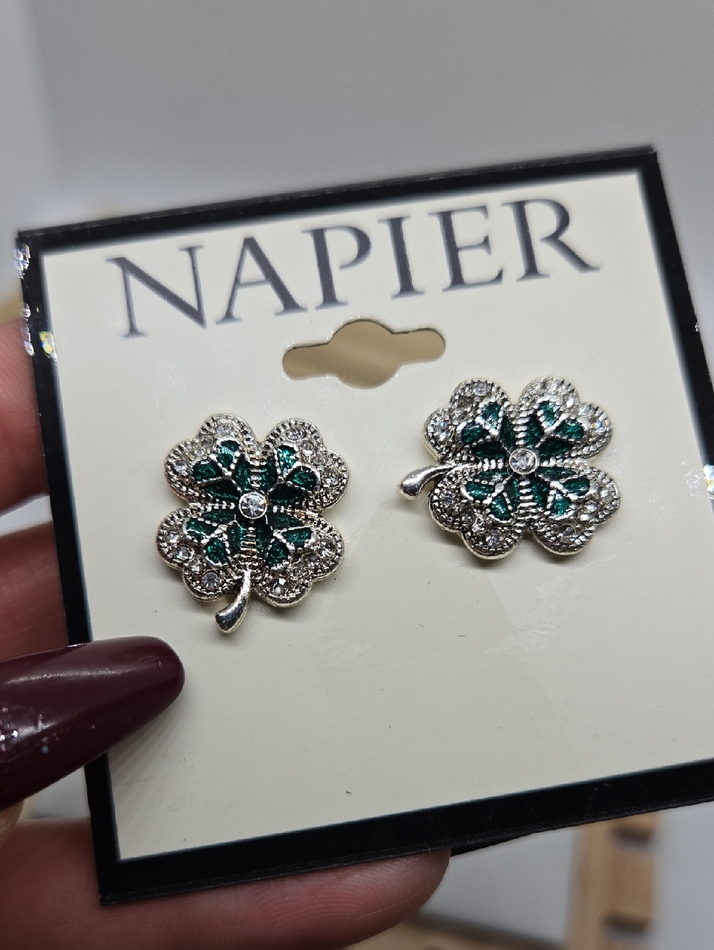 Napier Silver-Tone Dark Green Flower Stud Earrings